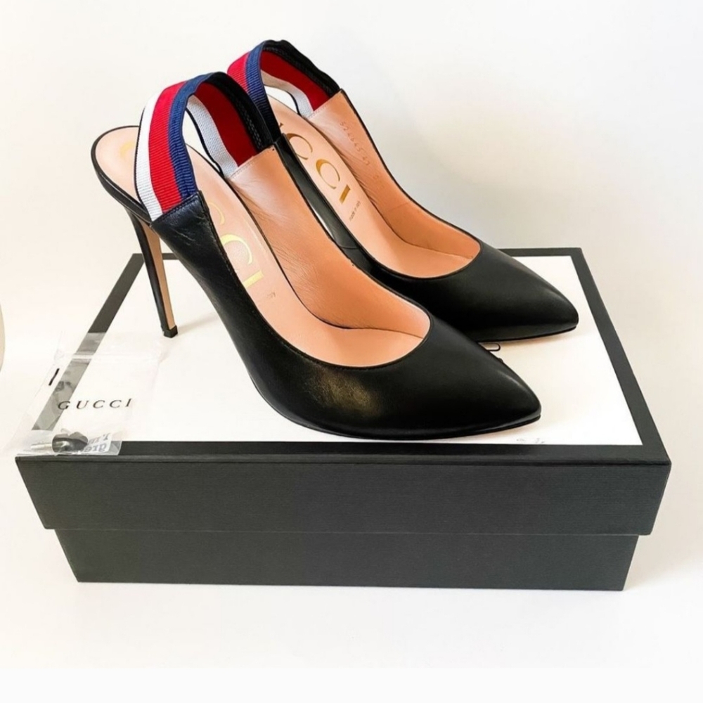 Gucci Sylvie Pumps Web Stripe black slingback heels